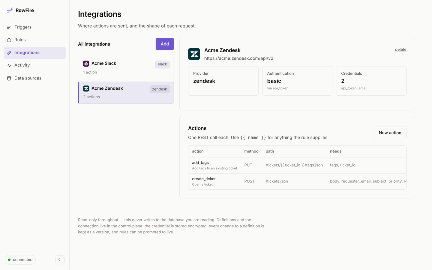Integrations: a Zendesk integration and its actions